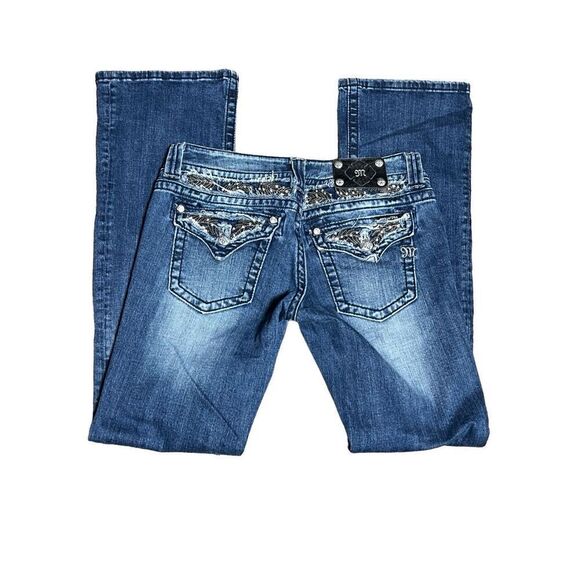 Miss Me Size 30 Rhinestone Embellished Button Flapped Pockets Flare Leg Jeans - Picture 1 of 4